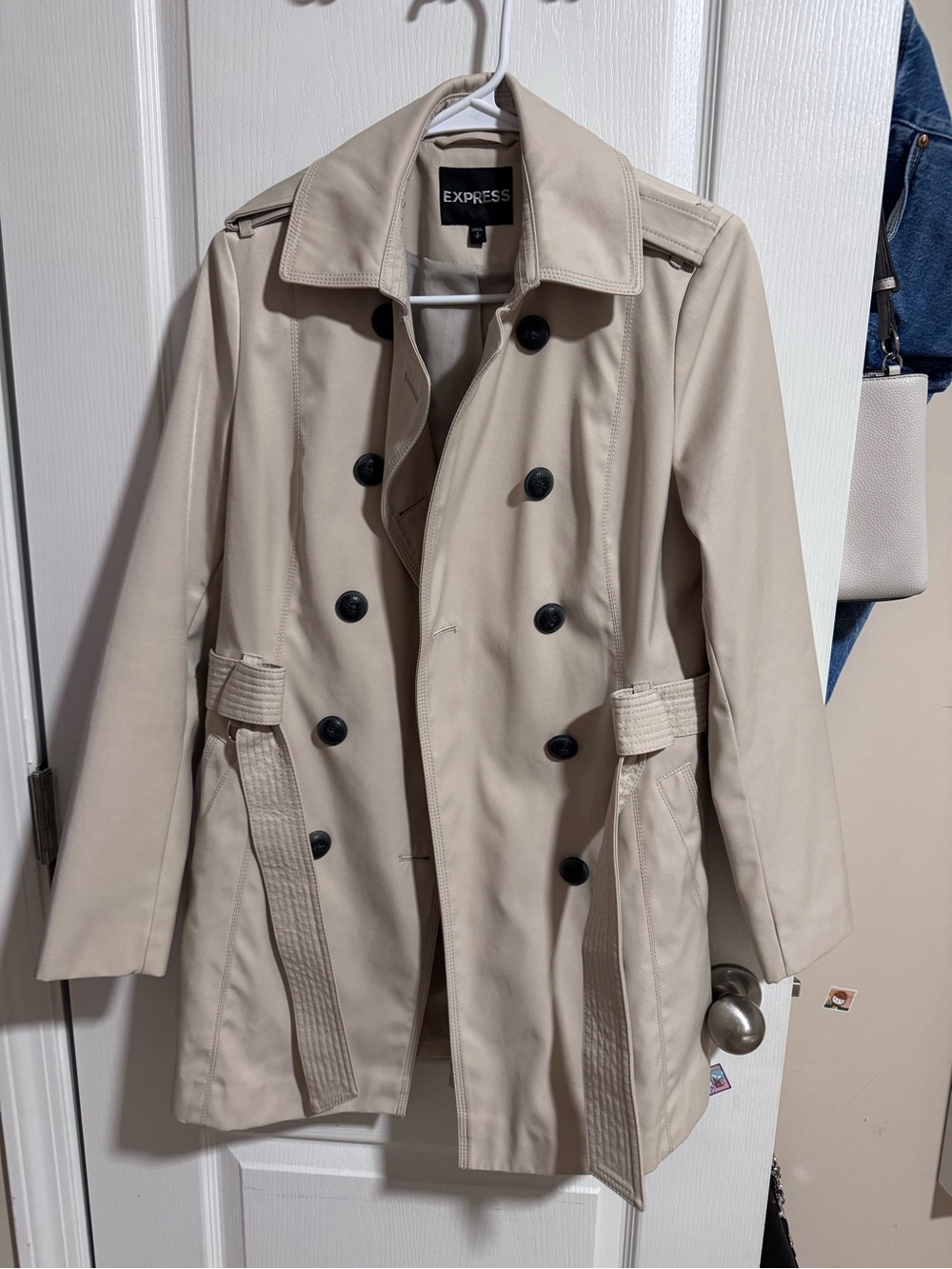 Express Khaki Double-Breasted Trench Coat with Black Buttons